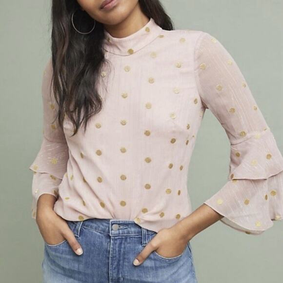 Hutch Anthropologie Philippa Pink Gold Dot Bell Sleeve Top Small NWT - Picture 1 of 6